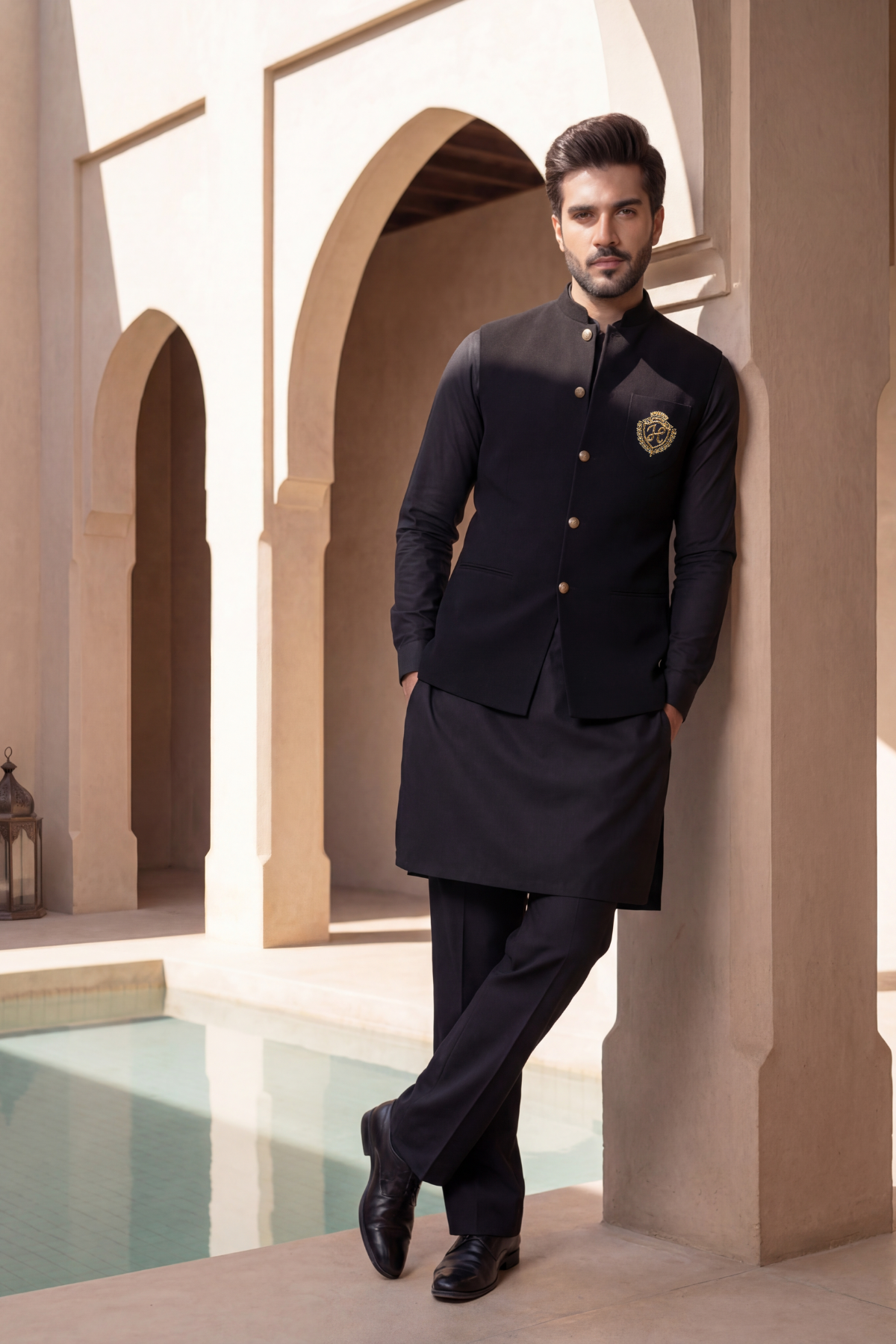 Black Motive Waistcoat with Kurta Pajama - Armani