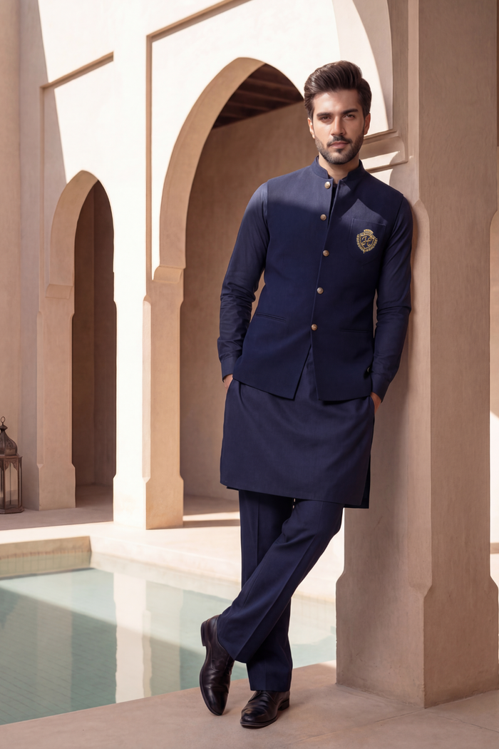 Navy Blue Motive Waistcoat with Kurta Pajama - Armani