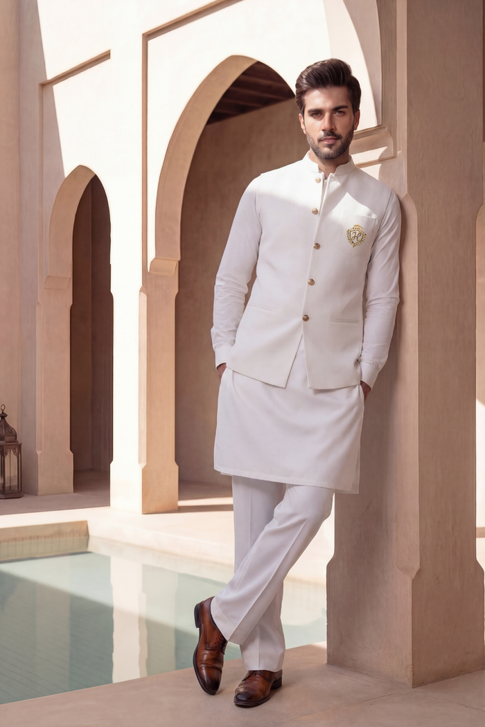 White Motive Waistcoat with Kurta Pajama - Armani