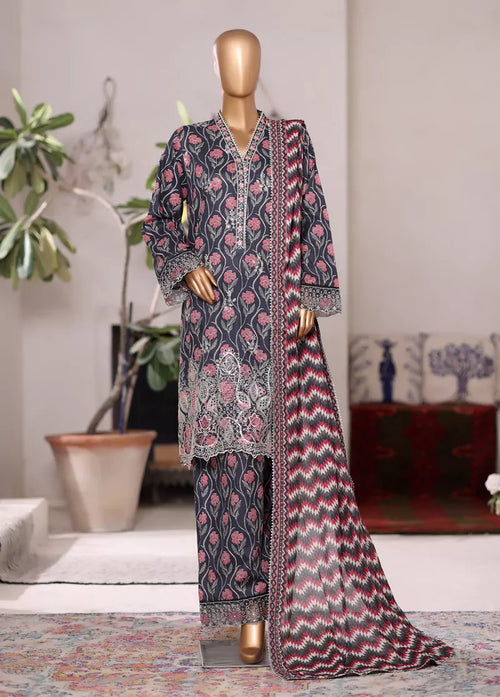 3 Piece Embroidered MultiColor Cotton Suit with Farshi Shalwar & Dupatta