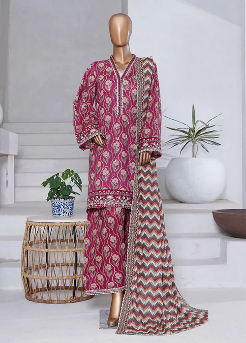 WCEMB-2519-F- 3 Piece Embroidered Cotton Stitched Suit