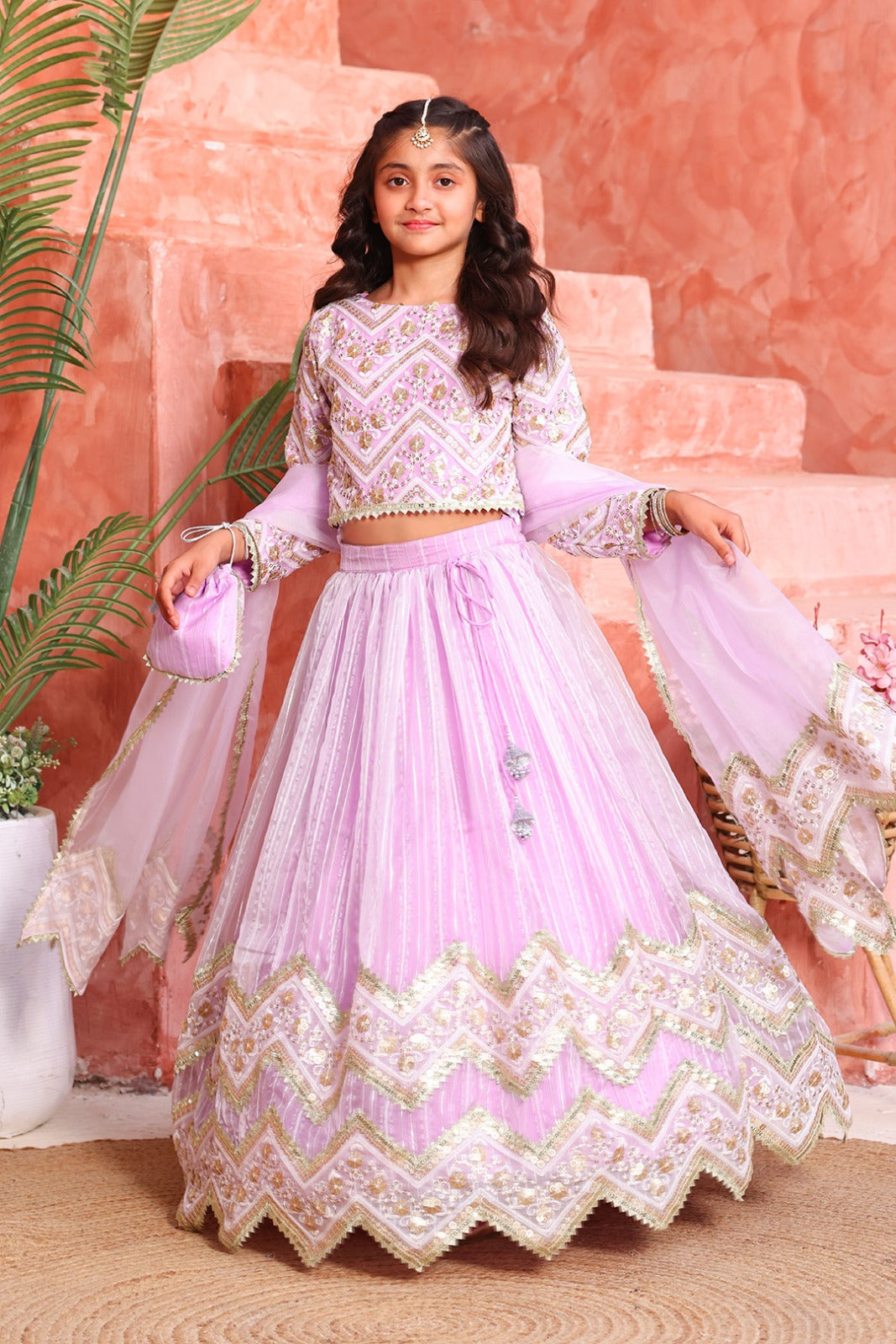 Lavender Chevron Embroidered Lehenga Choli Set with Dupatta & Potli