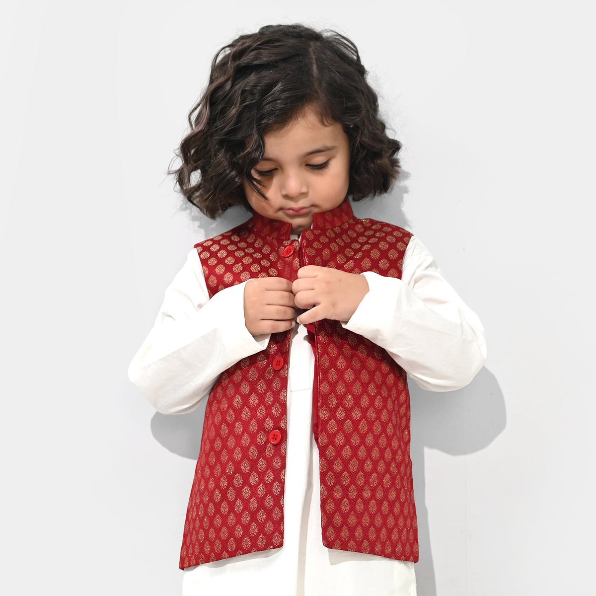 Boys Poly Viscose Waist Coat (Golden Lurex) - Red