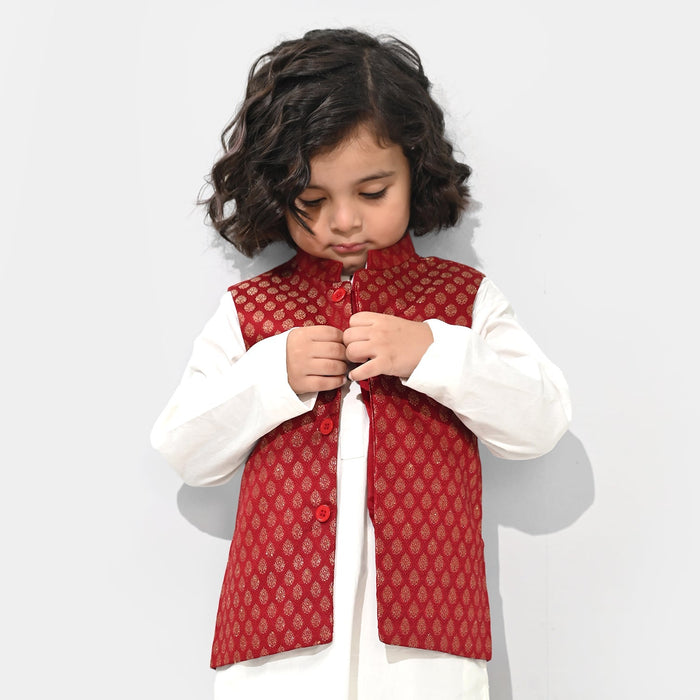 Boys Poly Viscose Waist Coat (Golden Lurex) - Red
