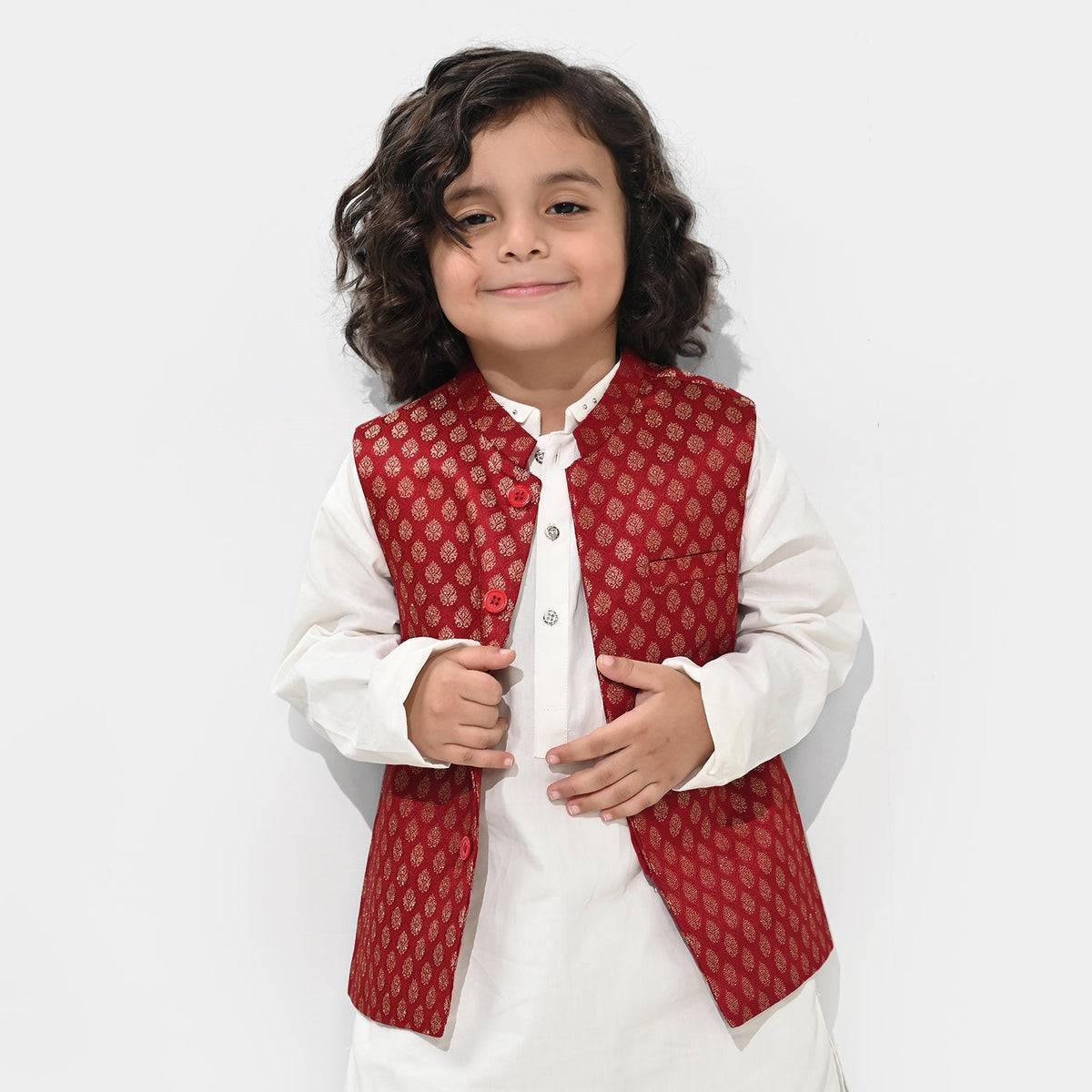 Boys Poly Viscose Waist Coat (Golden Lurex) - Red