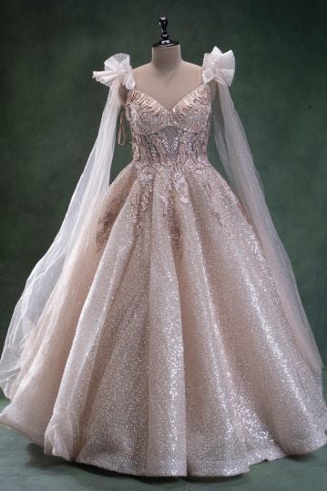 Pink Sequins Embroidered Net Cocktail Gown with Cape Sleeves