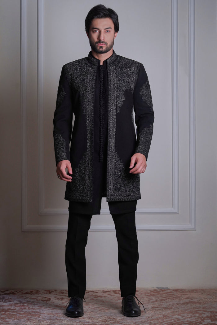 Adaa | Jet Black Front Open Sherwani Set with Gold Threadwork