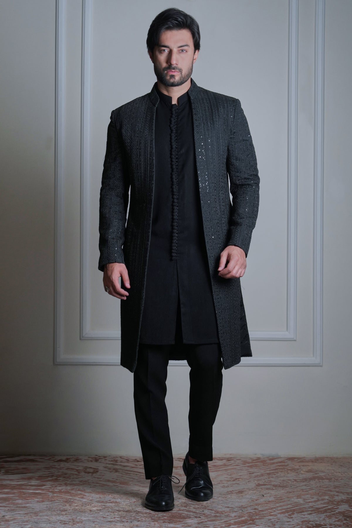 Aamad - Black Twin Front Open Sherwani Set