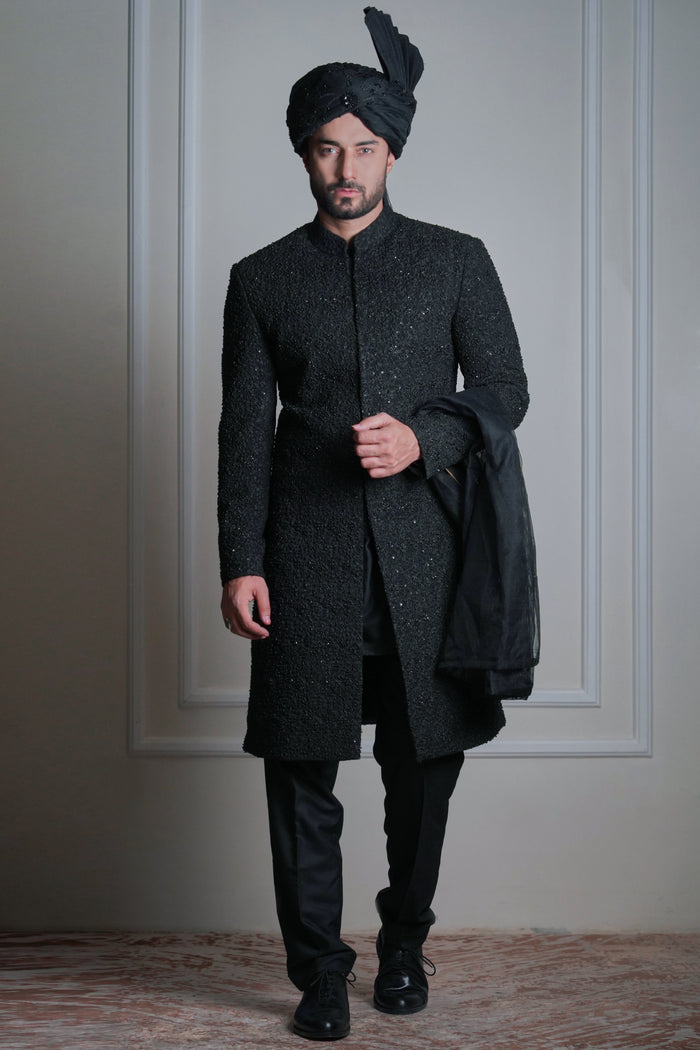 Qaraar - Black Georgette Threadwork Sherwani with Zardozi Accents