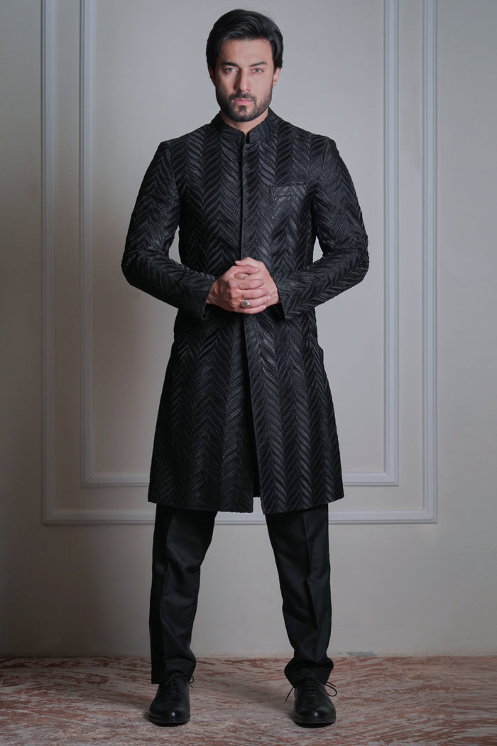 The Dapper - Distinct Chevron Pattern Embroidered in Resham On Charmeuse Silk Base.
