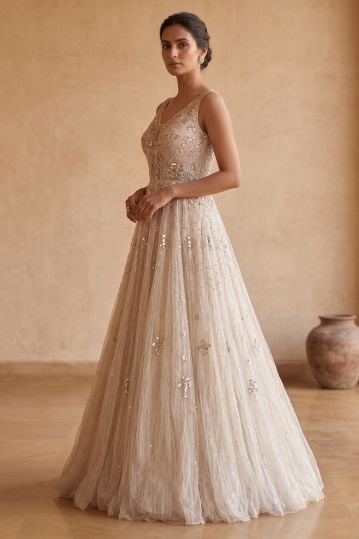 Beige Sequins Embroidered Net Evening Gown