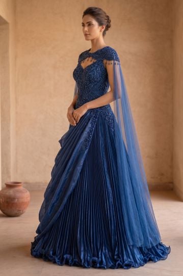 Blue Bead Embroidered Satin and Net Evening Gown