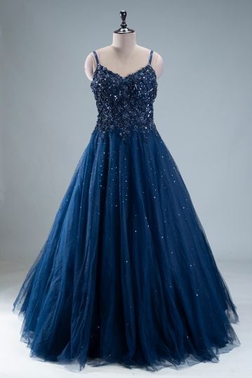 Blue Cutdana Embroidered Evening Net Gown with Strap Sleeves