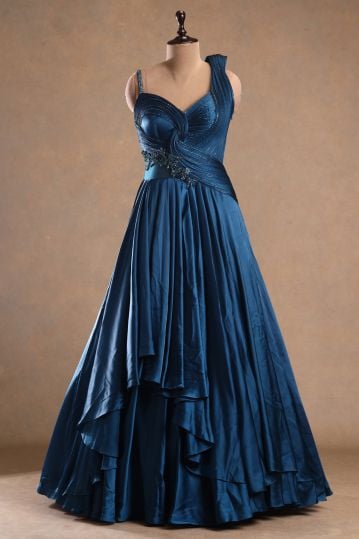 Blue Cutdana Embroidered Satin Evening Gown