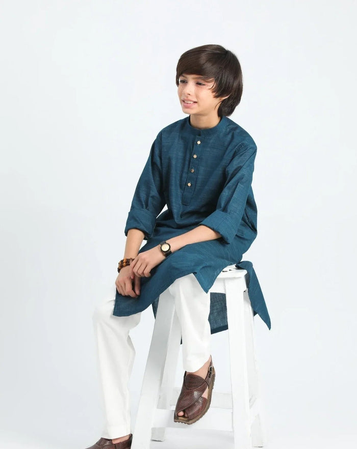 Blue Textured Cotton Kurta Trouser - Kids