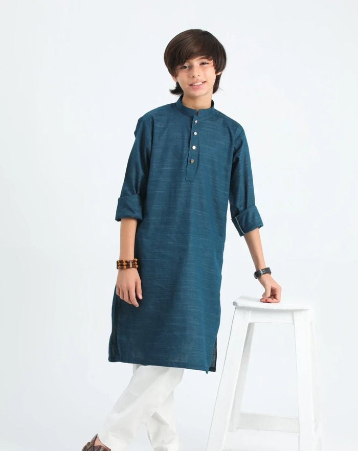 Blue Textured Cotton Kurta Trouser - Kids