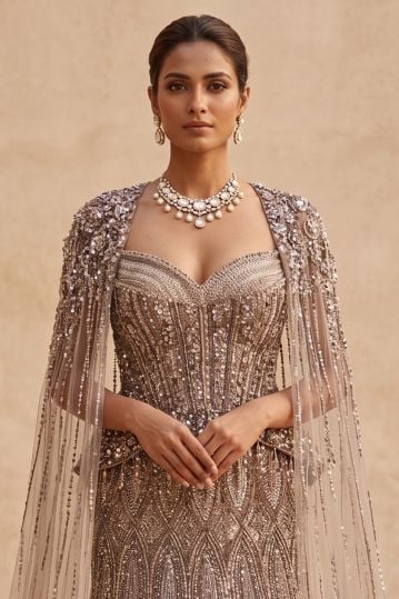 Brown Net Fishcut Style Cocktail Gown with Embroidered Cape