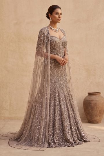 Brown Net Fishcut Style Cocktail Gown with Embroidered Cape