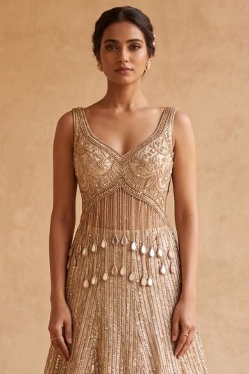 Cream Sequins Embroidered Net Evening Gown with Leaf Neck