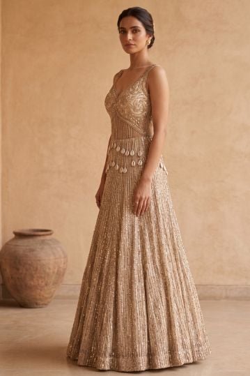 Cream Sequins Embroidered Net Evening Gown with Leaf Neck