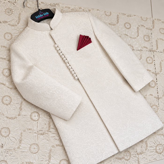 Royal White Self Embroidered Loops Sherwani with Trouser