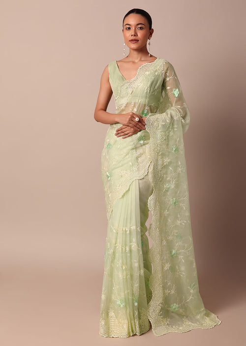 Green Chikankari Saree In Organza Silk With Resham Floral Jaal