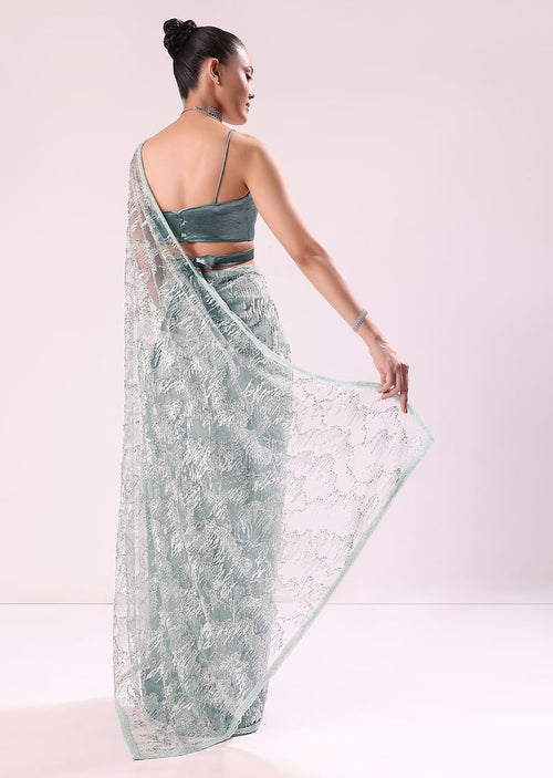 Green Fancy Sequence Net Saree With Satin Stitched