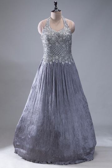 Grey Sequins Embroidered Crepe Evening Gown with Halter Neck