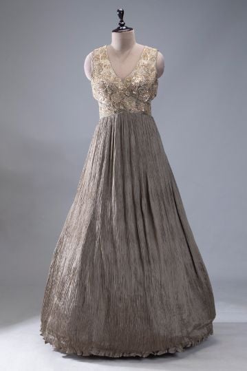 Grey Sequins Embroidered Crepe Evening Gown with Wrap Neck