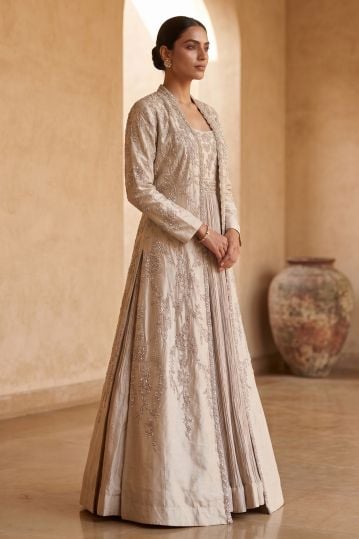 Grey Sequins Embroidered Tissue Evening Gown with Embroidered Jacket