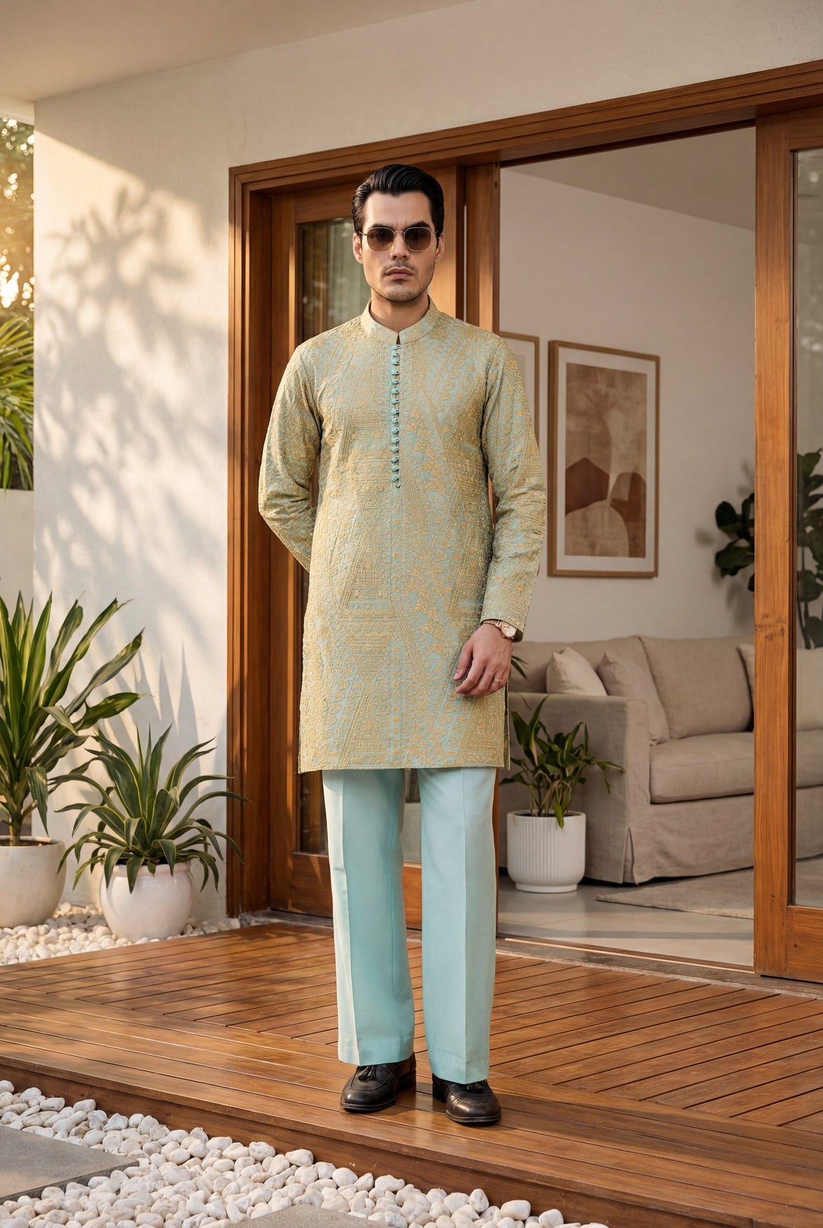 Mint Green & Gold Tarqee Kurta Pajama