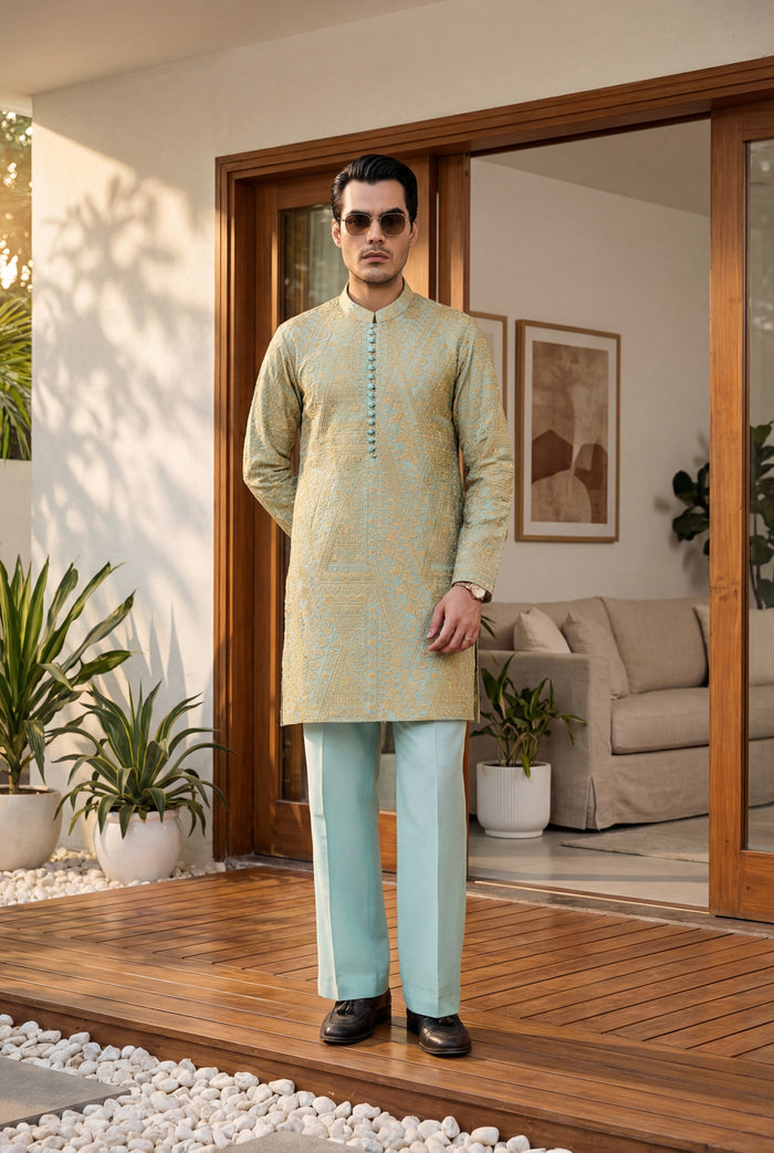 Mint Green & Gold Tarqee Kurta Pajama
