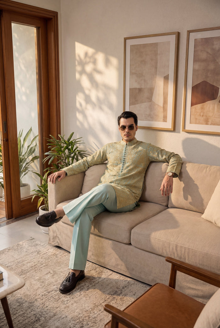 Mint Green & Gold Tarqee Kurta Pajama