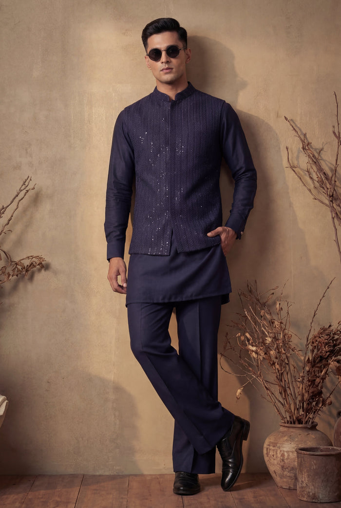 Blue Sequence Embossed Waistcoat