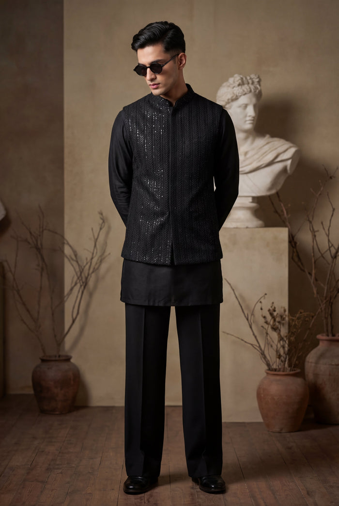 Black Sequence Embossed Waistcoat
