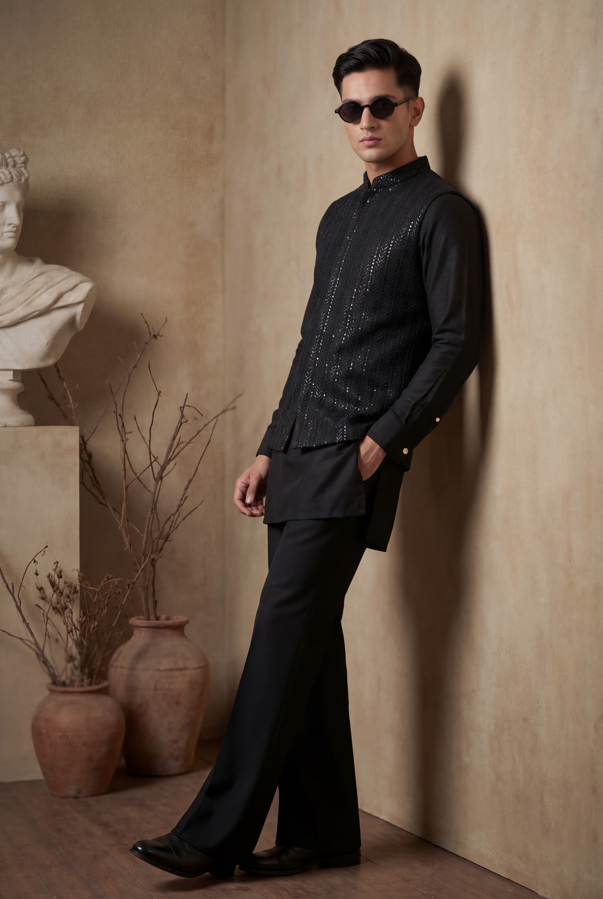 Black Sequence Embossed Waistcoat