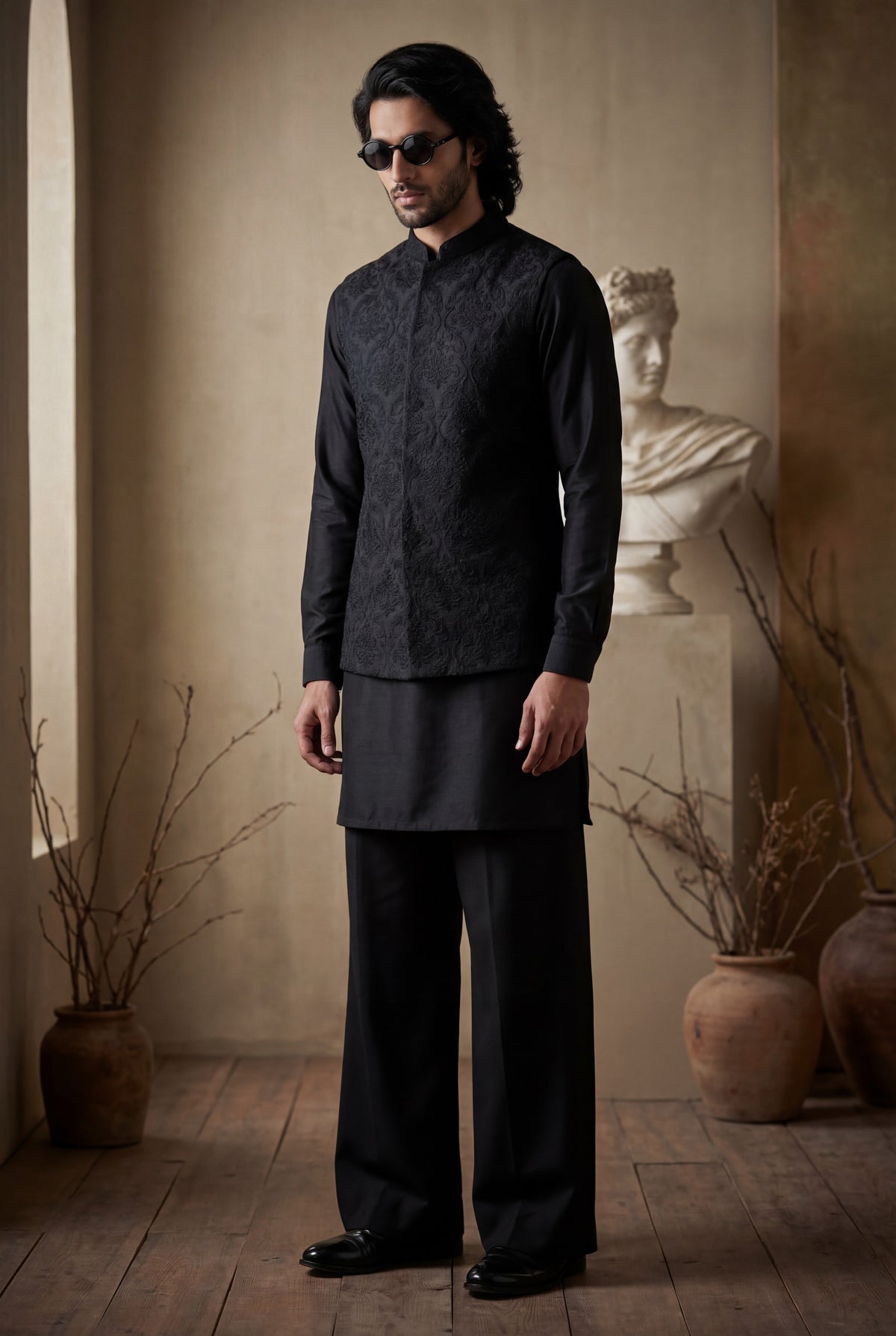 Deep Black Sequence Embossed Waistcoat