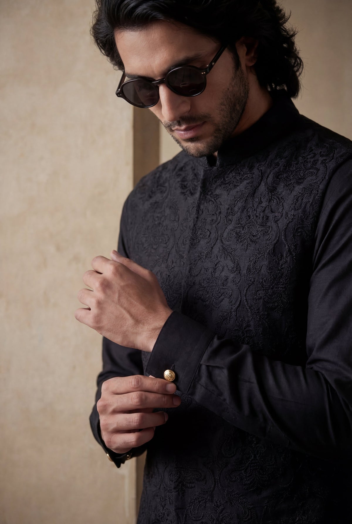 Deep Black Sequence Embossed Waistcoat