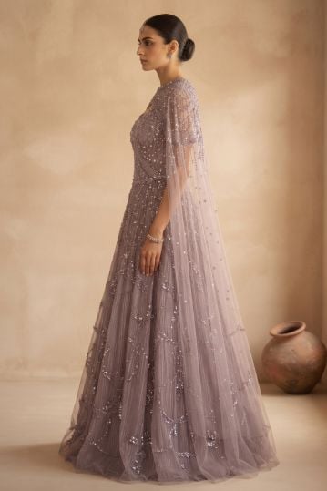 Lavender Sequins Embroidered Net Evening Gown with Cape Sleeves