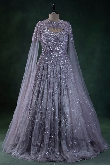 Lavender Sequins Embroidered Net Evening Gown with Cape Sleeves