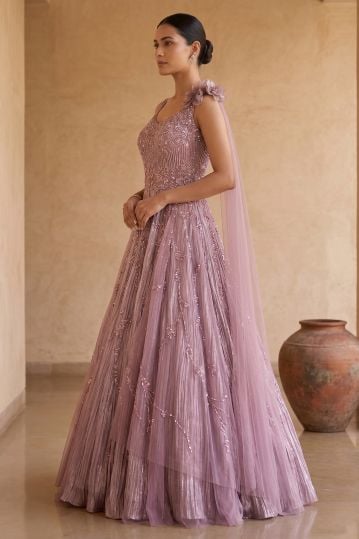 Lavender Stone Embroidered Net Evening Gown with Cape Sleeves