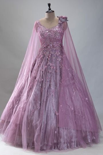Lavender Stone Embroidered Net Evening Gown with Cape Sleeves
