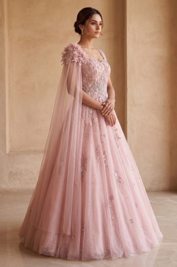 Light Pink Sequins Embroidered Net Evening Gown with Pentagon Neck