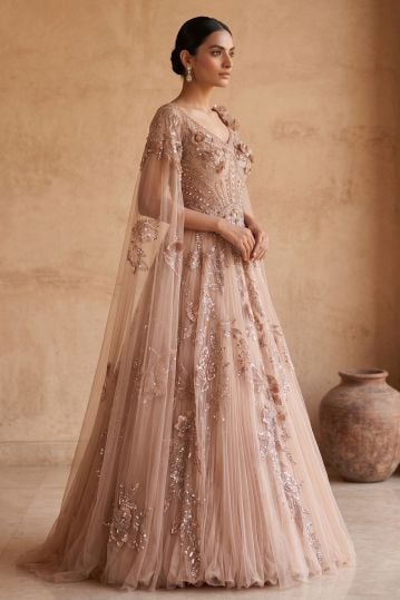 Light Sequins Embroidered Net Evening Gown with Cape Sleeves