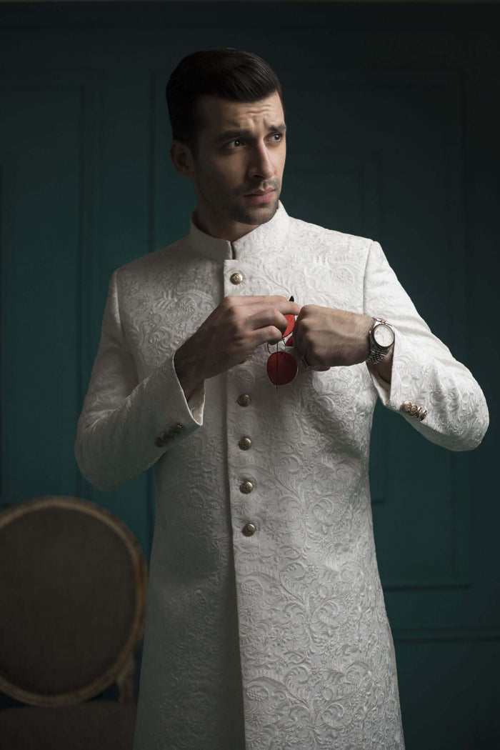 White Self Embossed Sherwani
