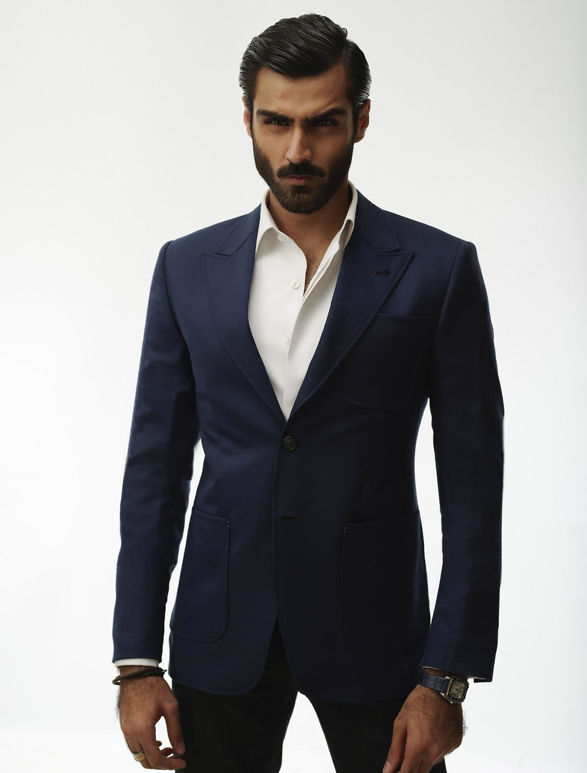 Blue Jacket with Two Buttons Pointed Lapel Patch Pocket