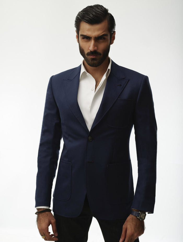 Blue Jacket with Two Buttons Pointed Lapel Patch Pocket