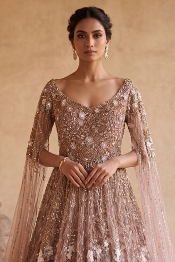 Mauve Lavender Sequins Embroidered Net Evening Gown