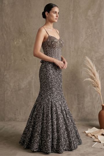 Olive Green Sequins Embroidered Net Mermaid Style Gown