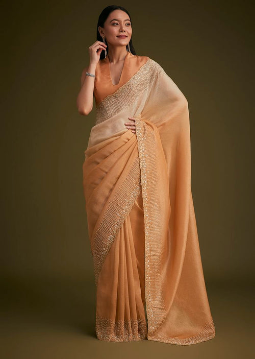 Ombre Orange Jacquard Saree With Cutdana And Stone Embroidery